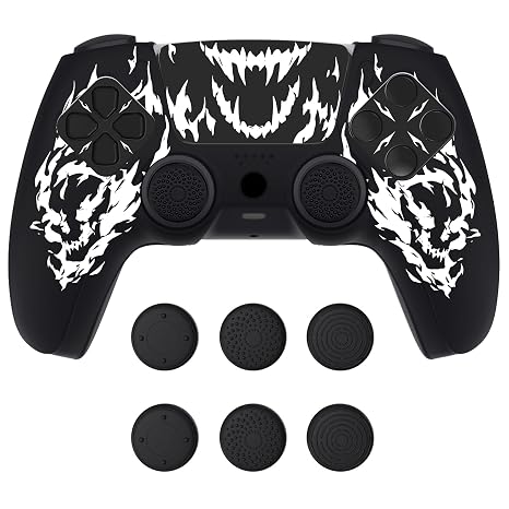 PlayVital Design for PS5 Controller Skin Cover Fit with Charging Station - Anti-Slip Silicone Controller Grip Case for PS5 with 6 Thumb Grip & Sticker, Pure Series Dockable Model - Carving Fire Skull