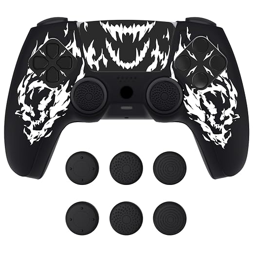 PlayVital Design for PS5 Controller Skin Cover Fit with Charging Station - Anti-Slip Silicone Controller Grip Case for PS5 with 6 Thumb Grip & Sticker, Pure Series Dockable Model - Carving Fire Skull