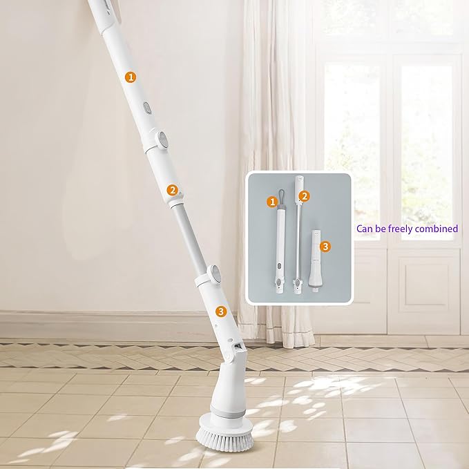 FixtureDisplays® 30-49" Adjustable Electric Spin Scrubber, Cordless Cleaning Brush with Extendable Arm 6 Replaceable Cleaning Heads, Power Shower Scrubber for Bathroom, Tub, Tile, Floor 15757-NPF