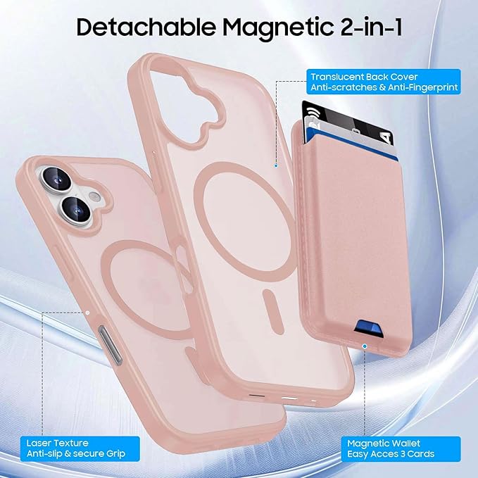 Magnetic for iPhone 17 Case with Detachable Wallet, Compatible with MagSafe, Credit Card Holder with Slim Shockproof Protective Phone Cover, Pink
