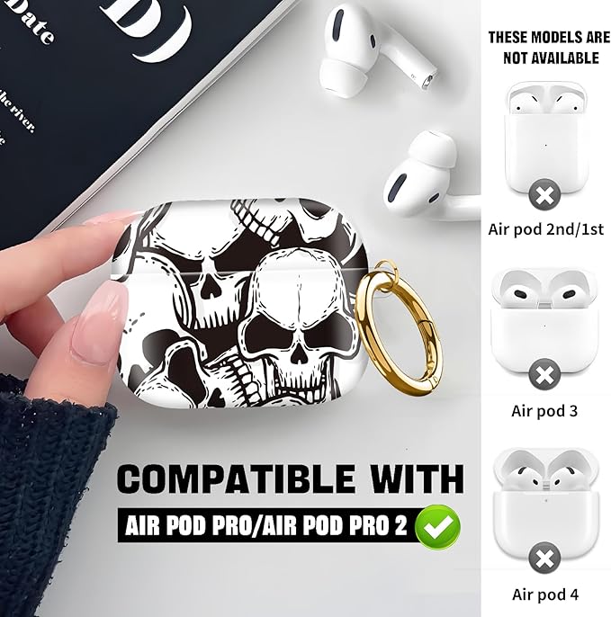 Compatible with AirPod Pro 2nd//1st Generation Case Cover with Key Chain,Full Protective Shockproof Wireless Headphone Case for Airpod Pro 2023/2022/2019（Skull）
