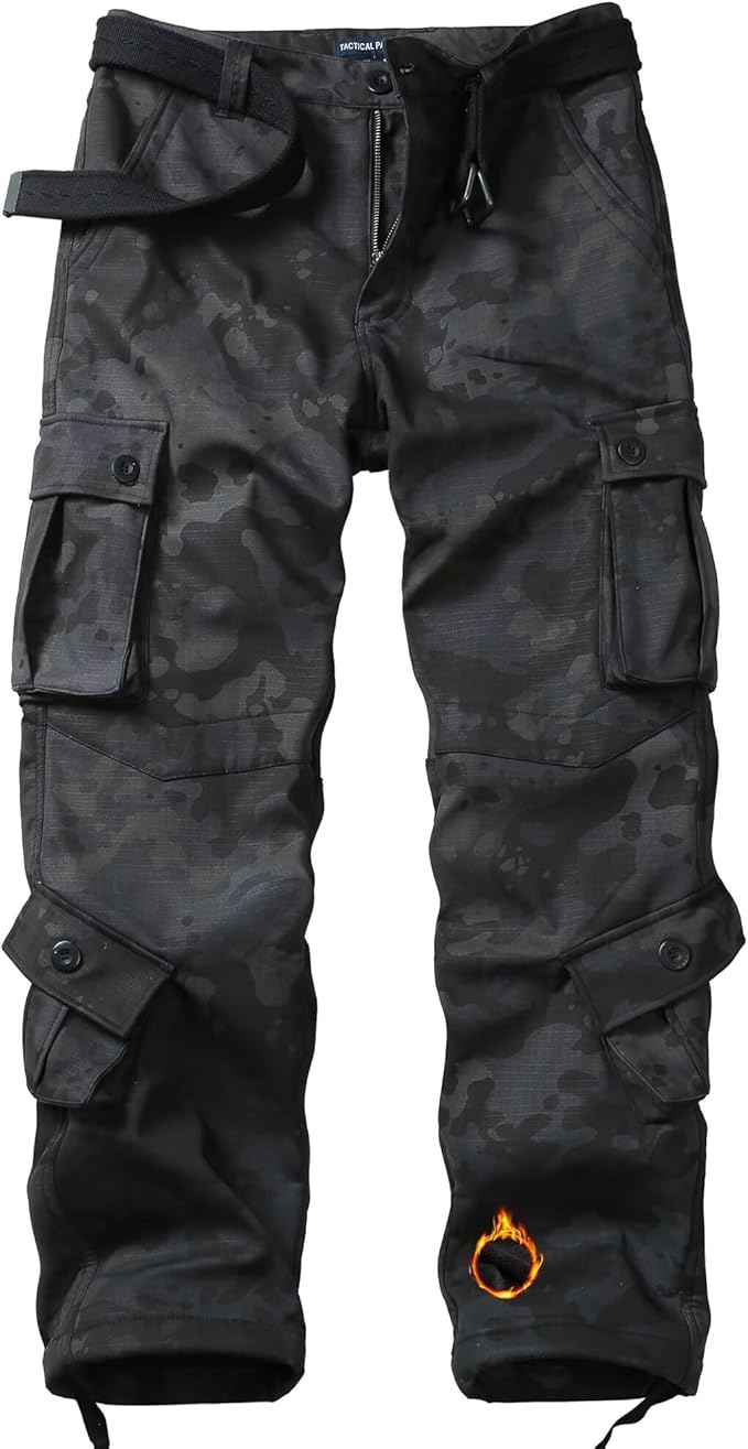 KOCTHOMY Men’s Fleece Lined Hiking Pants,Winter Outdoor Thermal Casual Work Cargo Pants with Multi Pockets, No Belt.
