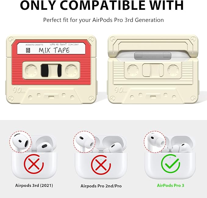AirPods Pro 3 Case Cover, KOREDA Funny Cassette Tape Design Case for Airpods Pro 3rd Generation 2025, Cute Cartoon Fashion Silicone Protective Case for Women Men (Off-White)