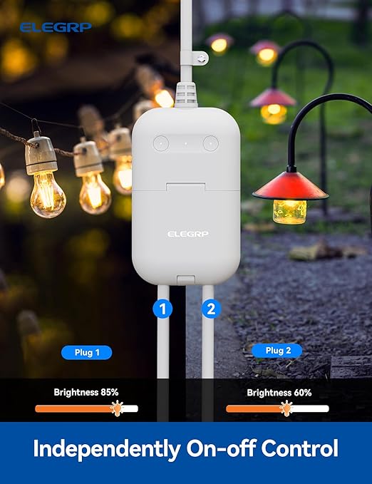 ELEGRP Outdoor Smart Dimmer Plug Waterproof IP66, Smart WiFi Plug with 2 Individually Sockets, Compatible with Alexa & Google Assistant, Outdoor Dimmer for String Lights, UL Listed, 2 Pack, Grey