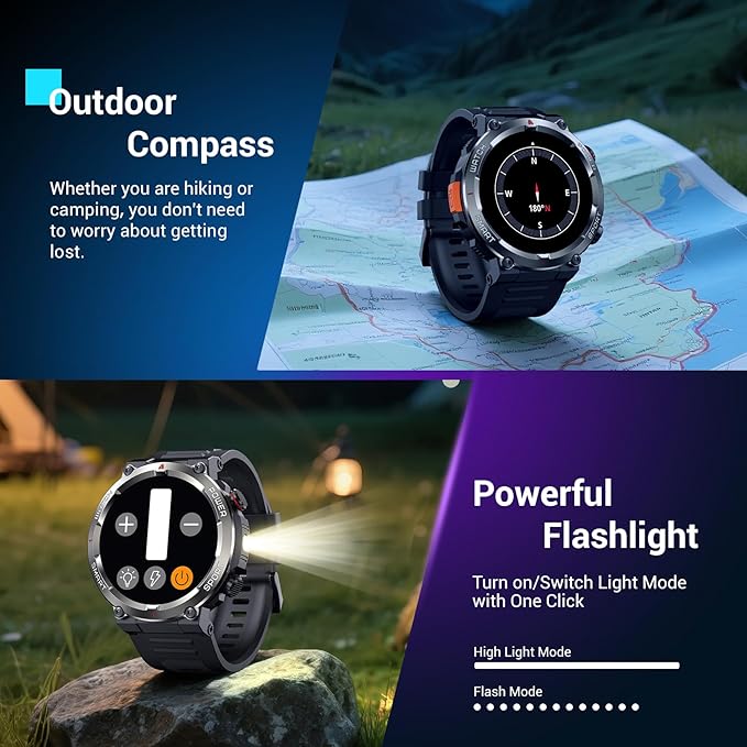 Military Smart Watch for Men(Answer/Make Calls),Outdoor Smartwatch with 100 Days Battery/Flashlight/Compass/Heart Rate/SpO2/Sleep Monitor/2 Straps, Rugged Fitness Watch for iPhone/Android Phones