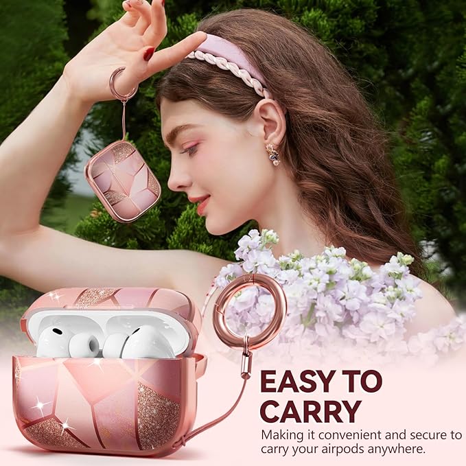 Inesore for AirPods Pro 3 Case 2025 with Lock, for Women Girly Floral Cute Case Compatible with Apple Airpods Pro 3rd Generation Cover, with Phone Stand,Keychain & Cleaner Kit-Pink Gold Marble