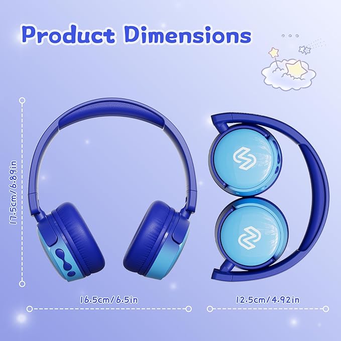 S62 Kids Bluetooth Headphones, Wireless Headphones for Kids Over Ear with Microphone, 85/94dB Volume Limiter Headset for Girls Boys, Foldable Headset for Learning & Entertainment-Blue