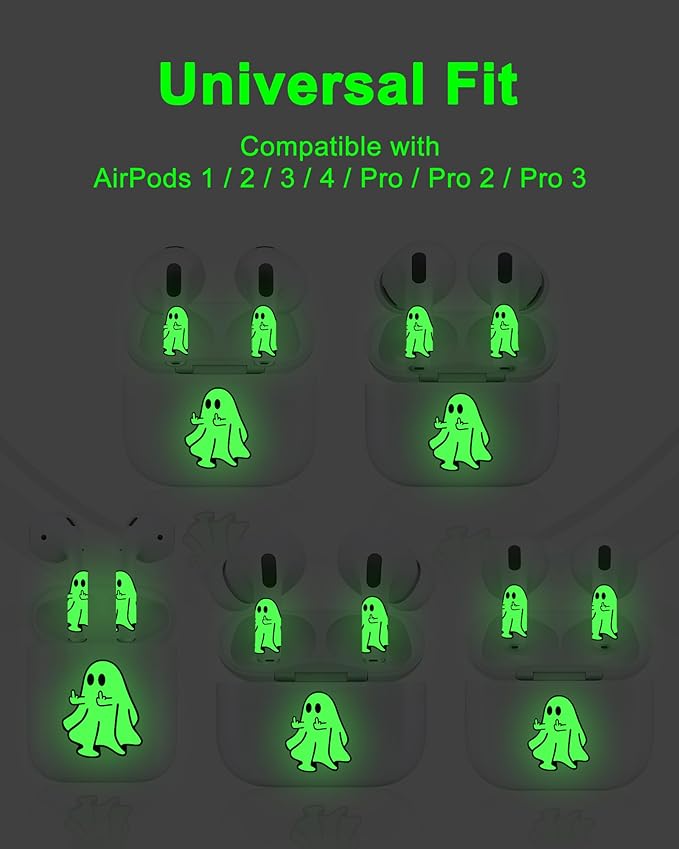 ROCKMAX for AirPods Glow in The Dark Skin Set, Spooky Ghost Earbud + Charging Case Stickers with Applicator & Spare, Universal Fit for AirPods 1/2/3/4 & Pro/Pro 2/Pro 3, Sweat-Resistant, Removable