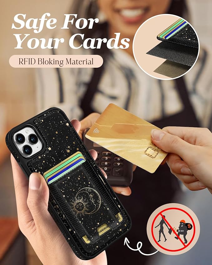 Shorogyt for iPhone 11 Pro Case Wallet - Fits 5 Cards, Compatible with Magsafe Detachable Magnetic Credit Card Holder Leather Cardholder Cute Phone Cover Women Girls for Apple 11Pro, Sun Moon