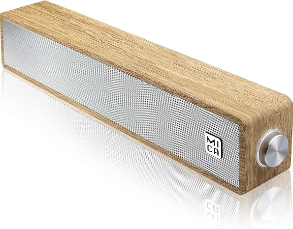 MICA Computer Speakers, Vintage Wired Computer Sound Bar, Retro Wooden Mini Soundbar, 3.5mm Aux Connection, USB Powered PC Speakers for Desktop Monitor, Laptop, Tablets (Yellow)