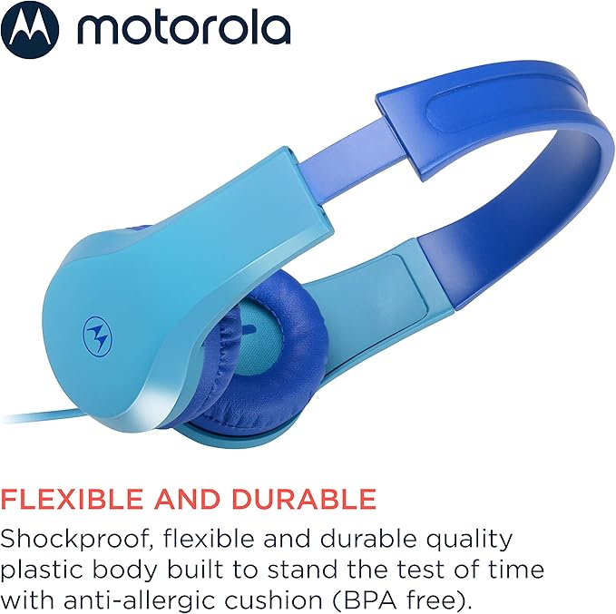 Motorola Sound Moto JR200 Headphones for Kids with Microphone - Over Ear Kid Headphones with Safe Volume Limit 85dB, Audio Splitter - Kids Wired Headphones for School, Home - Blue