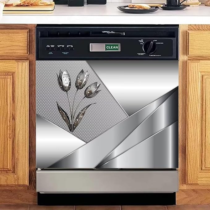 Polished Metal Texture Dishwasher Magnetic Cover for Door Front,Silver Stainless Steel Flowers Refrigerator Magnet Decor Floral Magnet Panel Decal, Fridge Home Appliance Sticker 23x17inch