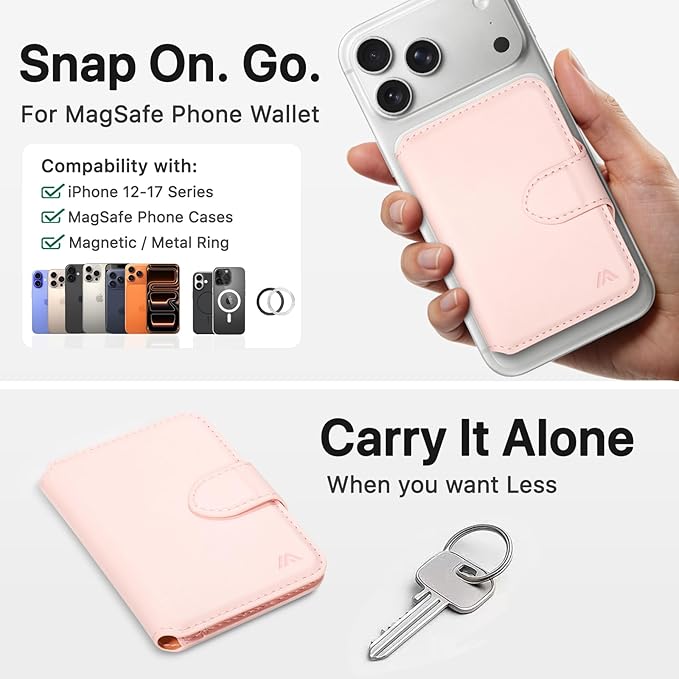 for MagSafe Wallet, Magnetic Phone Wallet RFID Blocking, Slim 5-8 Card Holder with Cash Slot & Clear ID Window, Minimalist Mag Safe Wallets for iPhone 17/16/15/14/13/12 Series, Blush Pink