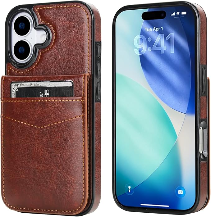 KIHUWEY Compatible with iPhone 17 Case Wallet with Credit Card Holder, Flip Premium Leather Magnetic Clasp Kickstand Heavy Duty Protective Cover for iPhone 17 6.3 Inch (Brown)