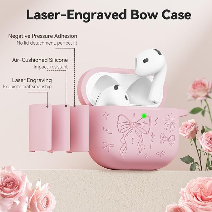 for Airpods 4 Case Cover, Joremx Cute Bow Engraved Silicone Protective Case Cover with Keychain, Cleaner Kit for AirPods 4th Generation Case 2024 (Sakura Pink)