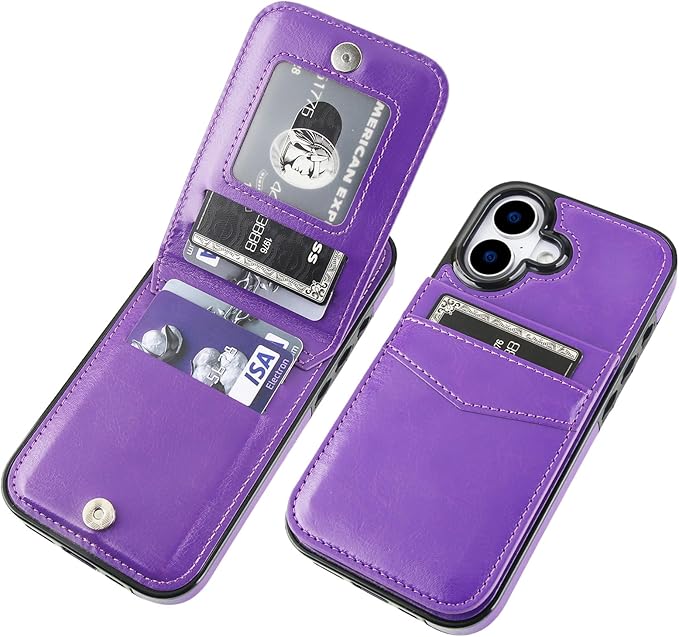 KIHUWEY Compatible with iPhone 17 Case Wallet with Credit Card Holder, Flip Premium Leather Magnetic Clasp Kickstand Heavy Duty Protective Cover for iPhone 17 6.3 Inch (Dark Purple)