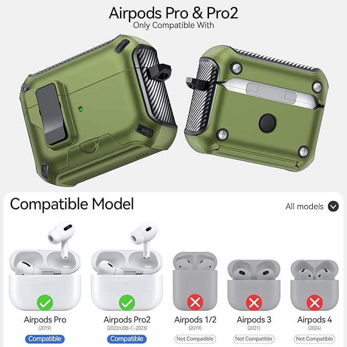 for AirPods Pro 2nd/1st Case (2023/2022/2019) with Phone Stand,（with Automatic Snap Switch） Carbon Fiber Design Protection Cover with Cleaning Pen,Dark Green
