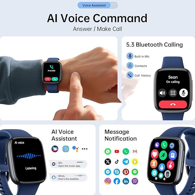 Smart Watches for Men Women, 1.85" HD AMOLED Display, 2 Bands Included, Works with iPhone & Android, 12-Day Battery, 3ATM Waterproof, Bluetooth Call, Health & Fitness Tracker, Dark-Blue