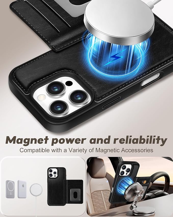 for iPhone 16 Pro Case with Wallet - Fits 4 Card Slots, Compatible with MagSafe for Women Aesthetic Durable PU Leather Credit Card Holder Kickstand Phone Cover for Apple 16 Pro, Black