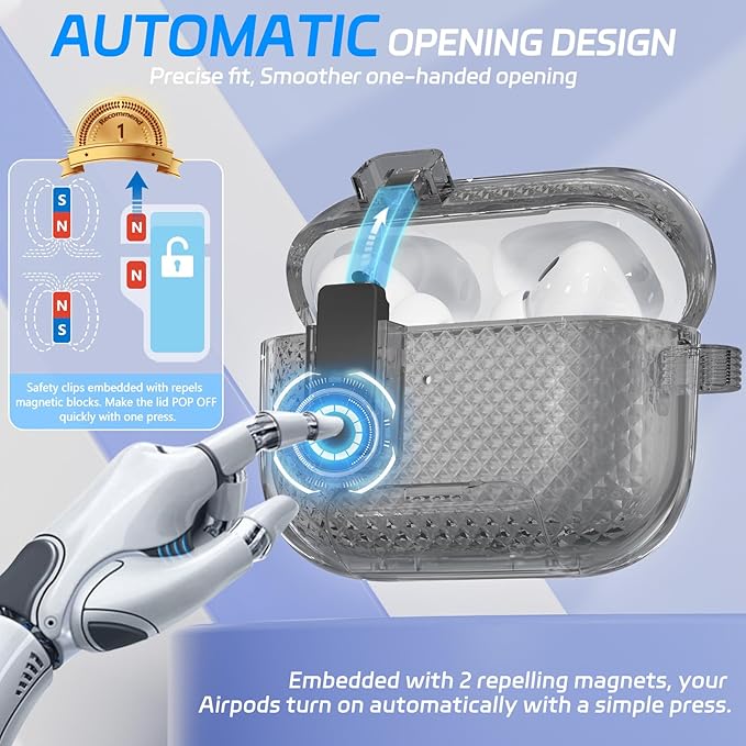 for AirPods Pro 2 Case with Phone Stand & Secure Lock, Auto-Open Clear Cover Compatible with Apple AirPods Pro 2nd/1st Gen (2023,2022,2019) with Cleaning Kit & Keychain (W-Black)