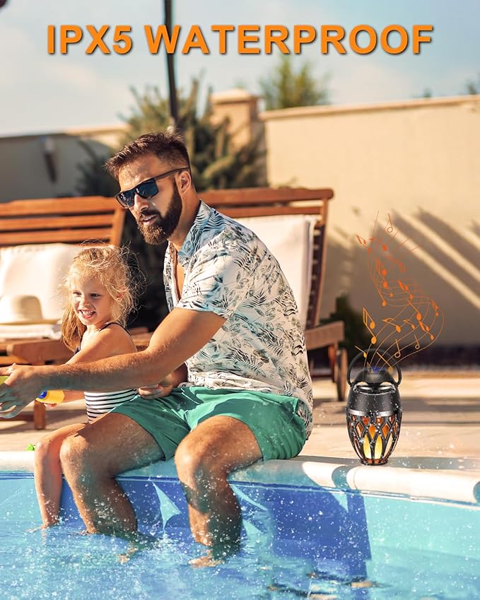 2 Pack Outdoor Bluetooth Speakers,Wireless Speaker with LED Flame Speaker BT 5.0,IP5X Waterproof Torch Lantern for Patio Pool Party,Valentines Day Gifts for Men