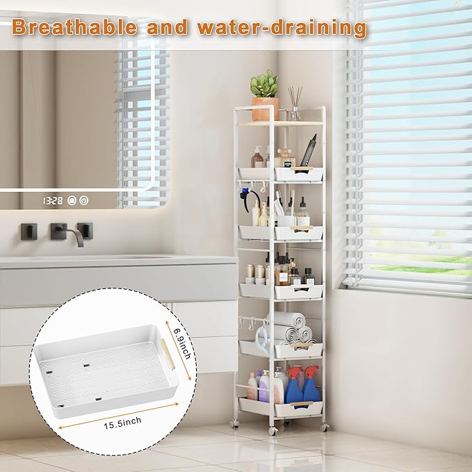6 Tier Storage Cart with Pull-Out Baskets Rolling Storage Cart with Wheels Wood Top Organizer Rolling Utility Cart for Pantry Laundry Room Bathroom Kitchen White 14.5”D x 13”W x 64.1”H
