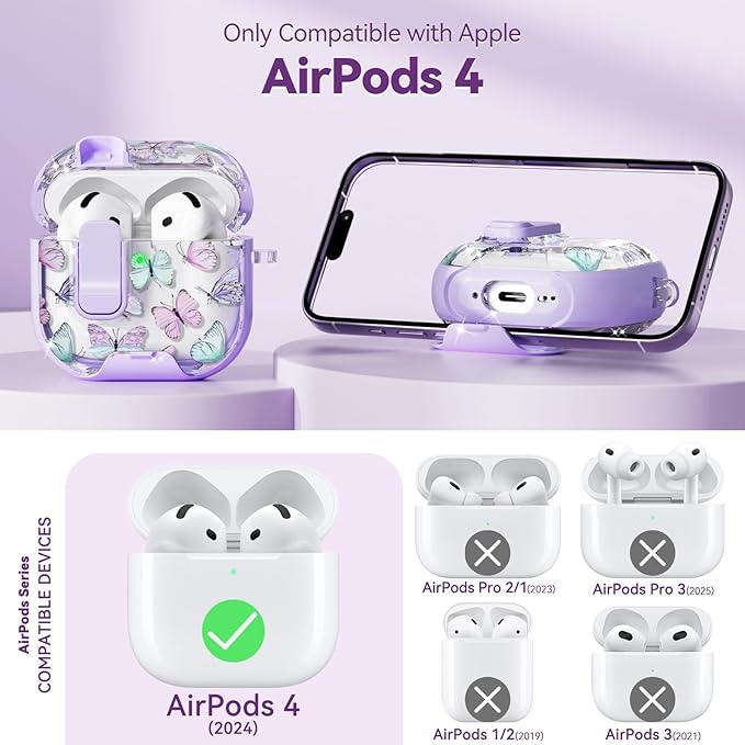 with Safety Lock for Apple AirPods 4 Case,Clear Floral Cute AirPod 4th Generation Case with Phone Stand & Cleaning Kit for Women Girly-Purple+Butterfly