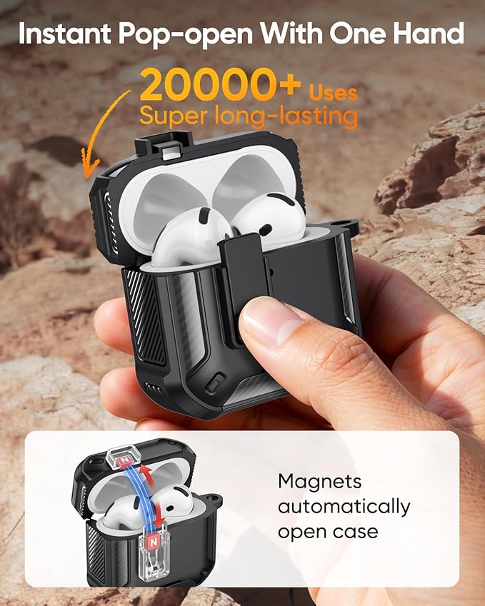 MoKo for AirPods 4 Case with Lock 2024 - Compatible with MagSafe, Phone Stand & Auto Pop-up for AirPods 4th Generation Case, Military-Grade Protective Cover with Cleaner Kit, Black