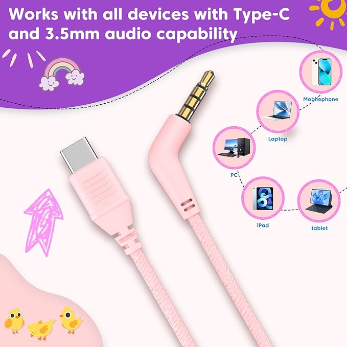 Kids Headphones with 3.5mm & USB C Wired Headphones, USB C Headphones Kids for School, Lightweight On-Ear Headphones Built-in Mic & Safe Volume Limited for classroom/Girls/Boys/Travel/Tablets(Pink)