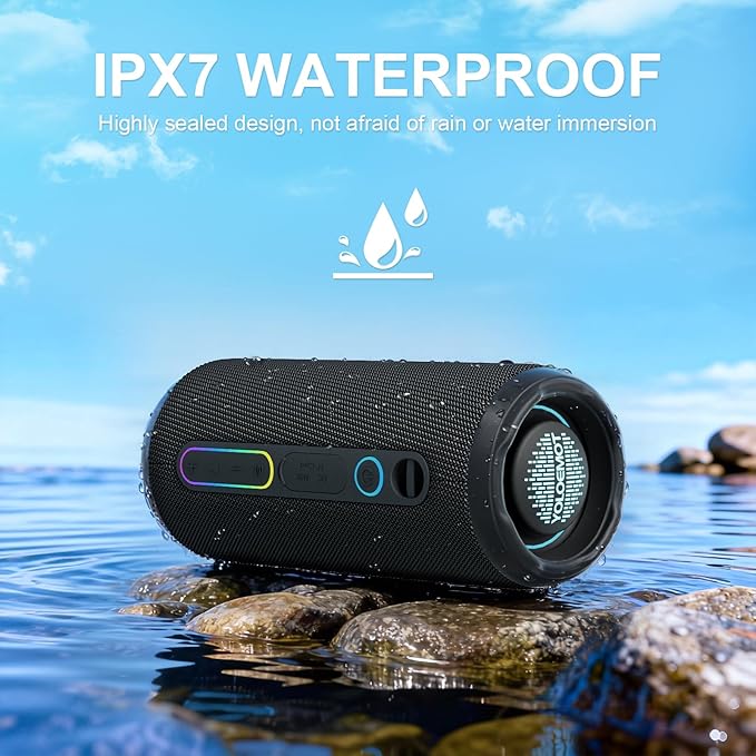Small Portable Bluetooth Speaker, 24W Deep Bass, RGB Lights, IPX7 Waterproof, TWS Pairing, 12H Playtime, Outdoor Speaker for Travel, Party, Biking (Black)