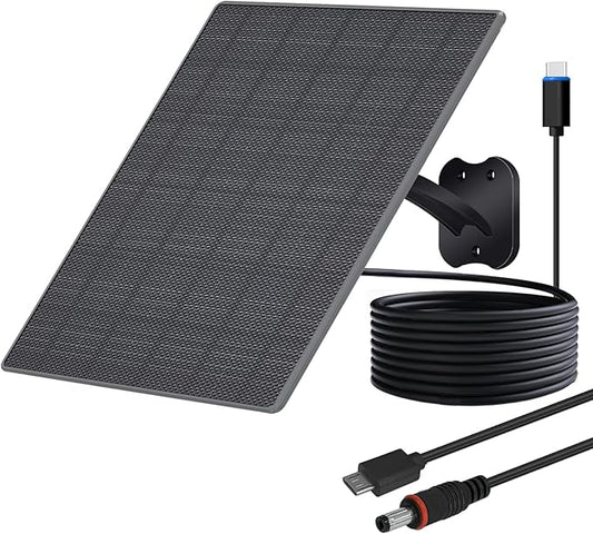 Zivif USB C Solar Panel for Security Cameras, 10W Solar Charger with USB-C Cable, DC 5.5x2.1mm & Micro USB Port, IP66 Waterproof with Adjustable Mount & 10FT Cable