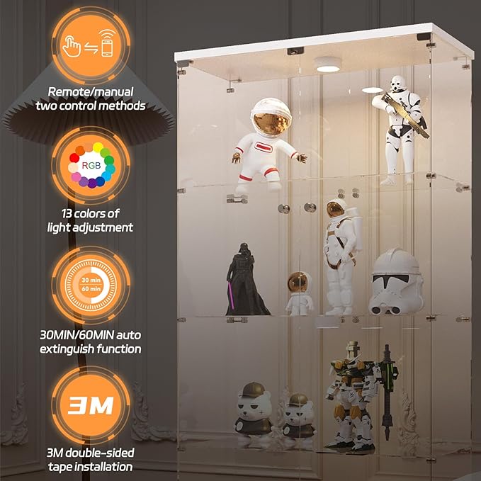 LFT HUIMEI2Y Glass Display Cabinet with LED Lights and Lock, 2 Door Curio Cabinets, Tempered Glass Collection Display Showcase for Bedroom, Living Room 65” White