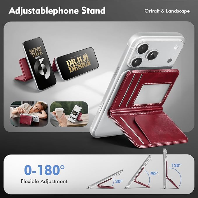 Antsturdy for Magsafe Wallet Stand with Holder,PU Leather RFID Blocking Card Holder,5 Card Slots,Strong Magnet Minimalist Flip Folio Kickstand for iPhone 17/16/15/14/13/12/Pro/Max/Plus/Air,Wine Red