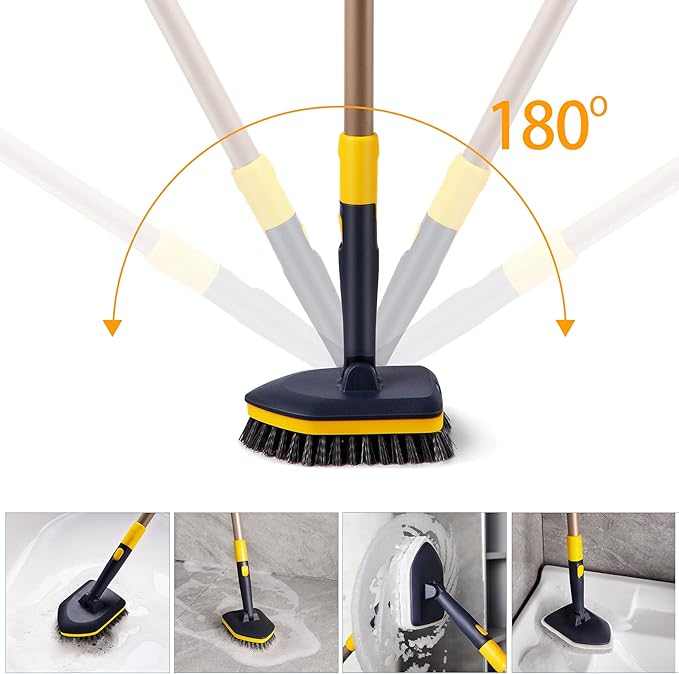 Yocada Tub Tile Scrubber Brush 2 in 1 Cleaning Brush 58.2" Adjustable Telescopic Pole Stiff Bristles Scouring Pads for Cleaning Bathroom Kitchen Toilet Wall Tub Tile Sink with Totally 5 Pads