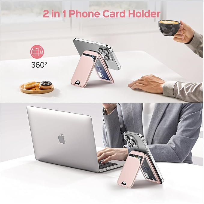 Mag-Safe Wallet for Women Strongest Magnetic Lightweight Phone Wallet Stand Adjustable Leather Card Holder for iPhone 17/16/15/14/13/12 Series, Not for iPhone 13/12 Mini (Pink)