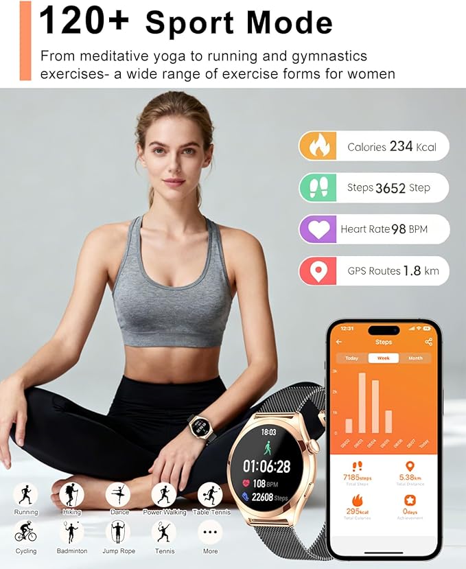 Smart Watches for Women, 1.27" TFT Touchscreen Smartwatch Answer/Make Call, Activity Fitness Trackers with 120+ Sports/HR/Sleep/SpO2 Monitor, IP68 Waterproof for Android iOS (Gold Black)