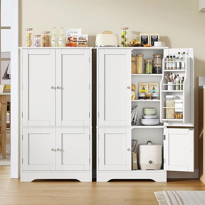 TEENFON 43'H Pantry Cabinet with 4 Doors, Kitchen Cabinet with 6 Door Shelves, Kitchen Pantry for Living Room, Dining Room, Bathroom, White