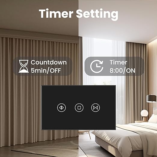 Smart Curtain Switch Neutral Wire Required, 2.4GHz WiFi Dimmer Light Switch with Remote Voice Control, Tempered Glass Panel, Compatible with Alexa and Google Home, Black WiFi Curtain
