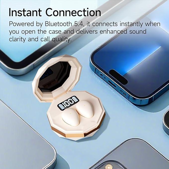 sunvito Sleep Earbuds for Side Sleepers, Mini Invisible Wireless Bluetooth 5.4 Micro Sleep Headphones, Hidden Earbuds with LED Screen for Small Ears Sleeping, Working, Exercise, Hiking - Beige