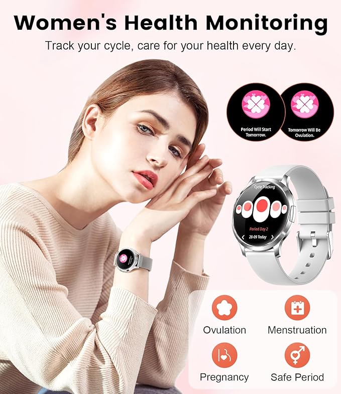 DREMAC Smart Watch(Make Call/Thin),1.32'' Amoled Curved Display for Android iPhone,Smart Watches for Women with Heart Rate Monitor,Sleep Monitor,Pedometer,IP68 Waterproof Fitness Tracker,Silver Metal