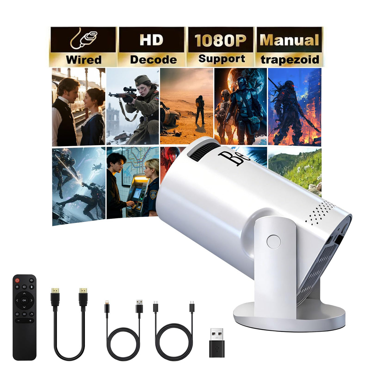 Mini projector, with wired screen sync 4K 1080P portable projector 180° rotation. 17-130" screen video projector. Compatible with smartphones, laptops.
