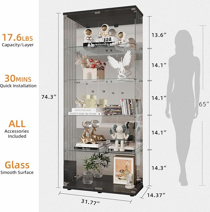 LFT HUIMEI2Y Glass Display Cabinet 5-Shelf with Mirror and Lock, 2 Door Curio Cabinets, Tempered Glass Collection Display Showcase for Bedroom, Living Room Black