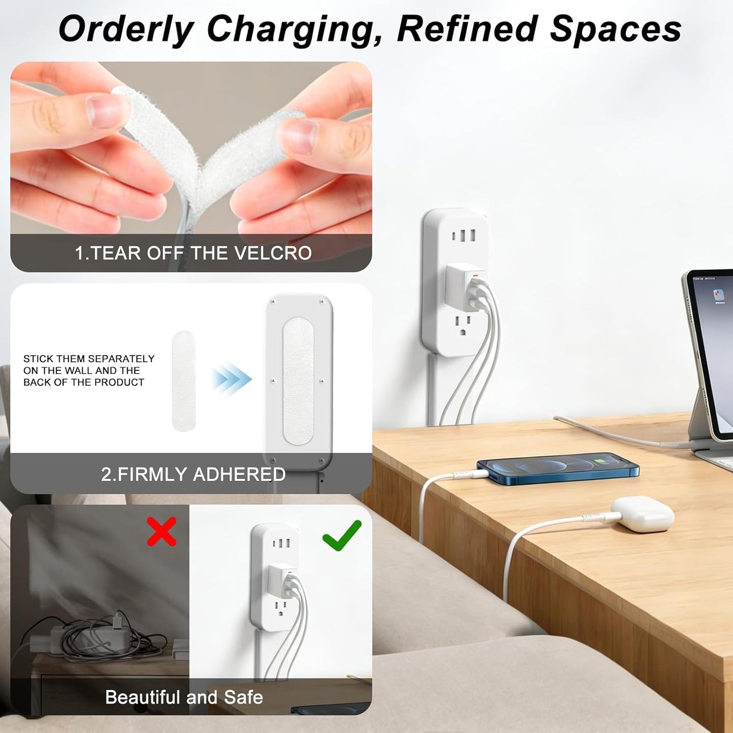Extendable Outlet Extender 22"-34" – 180° Rotating, 2 AC + USB-A + USB-C Ports