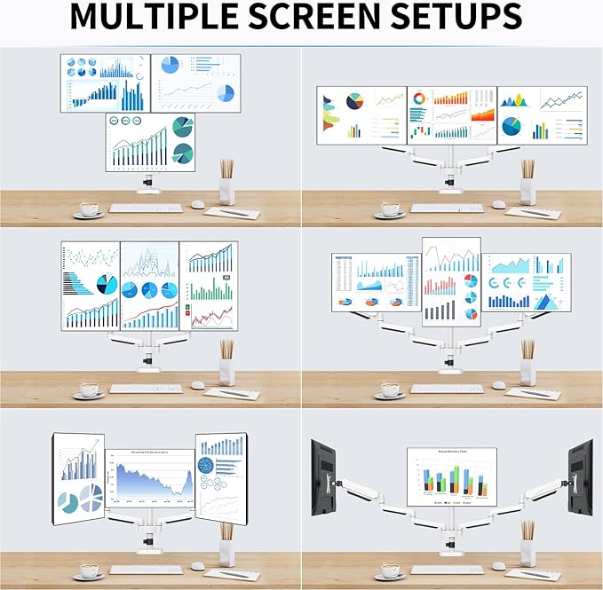 MOUNTUP Triple Monitor Stand Mount - 3 Monitors Desk Mount for Computer Screens Up to 27 inch, Triple Monitor Arm with Gas Spring, Heavy Duty Monitors Stand, Each Arm Holds 4.4-19.8 lbs, White