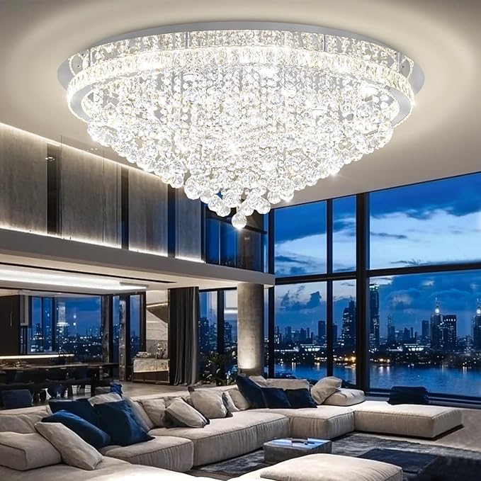 Dia 40" Modern Crystal Chandeliers for Living Room,Silver Large Chandelier Flush Mount Chandeliers for Bedrooms Dining Room Dimmable 2700k 4500k 6000k