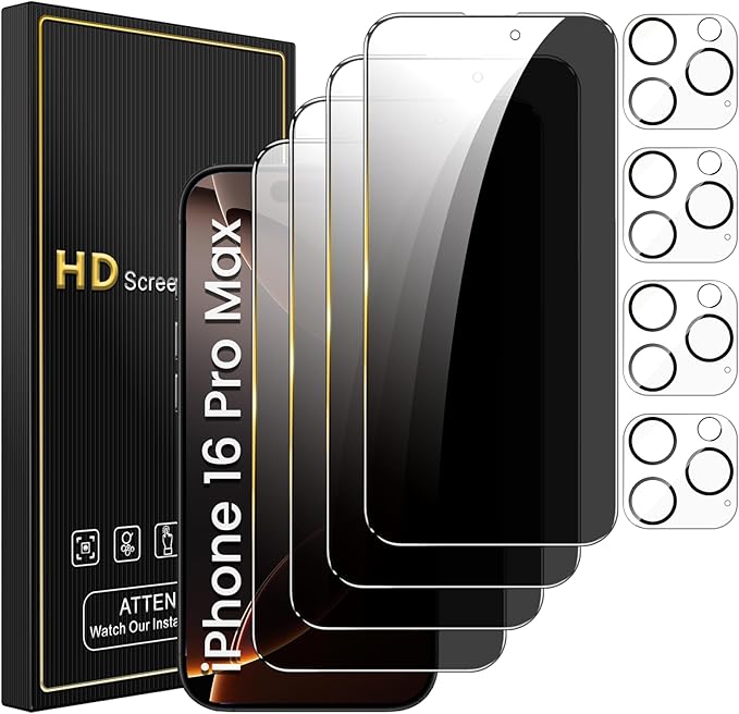 4 Pack Privacy Screen Protector for iPhone 16 Pro Max 6.9 Inch with 4 Pack Camera Lens Protector, Anti Spy Tempered Glass Film, Anti-Scratch, Touch Sensitive, Case Friendly