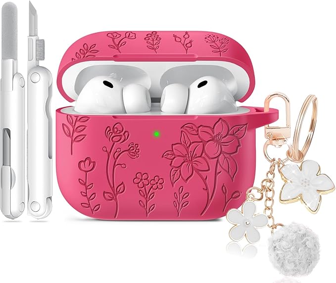 for Airpods Pro 3 Case, Flower Engraved Case Cover Compatible with AirPods Pro 3rd Generation 2025, Soft Silicone Cases with Cute Keychain & Cleaner for Women Girly, Shockproof