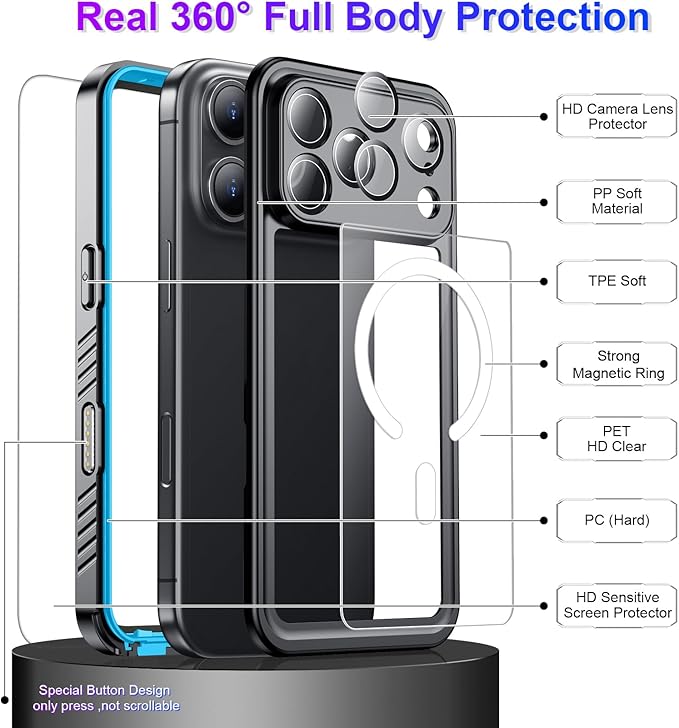 Temdan Magnetic Compatible with iPhone 17 Pro Max Case,Waterproof Built-in Screen & Camera Protector IP68 Underwater Full Body 17FT Military Dropproof Shockproof Phone Case 6.9"-Mag/Blue