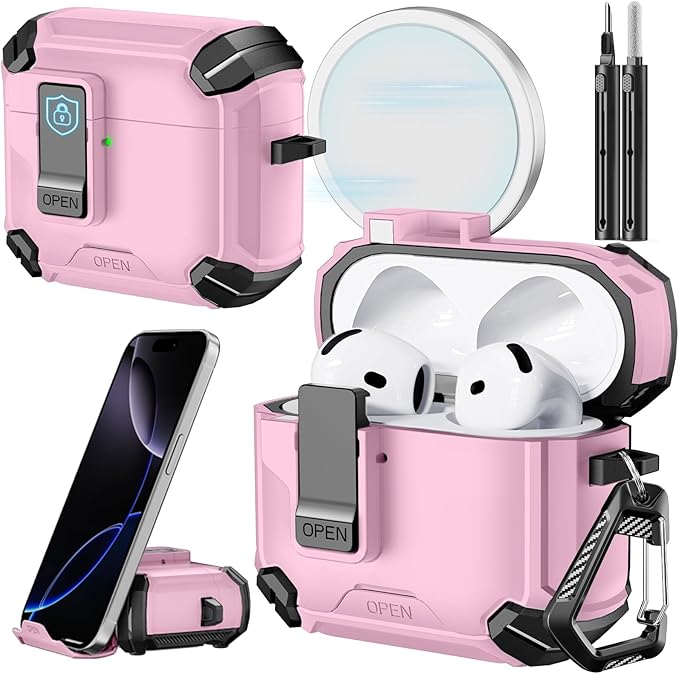 Inesore Compatible with AirPods 4th Case with Phone Stand & Cleaning Kit,Compatible with Magsafe,Magnetic Automatic Lock for Airpods 4 with Active Noise Cancellation Charging Cover (2024)