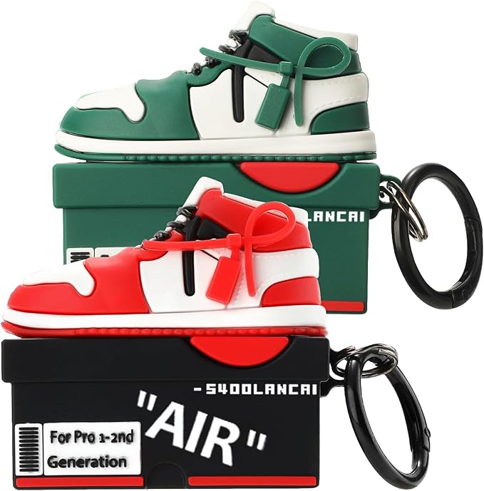 for Apple AirPods Pro 2nd Generation Case,Cute Cartoon Shoe Box Soft Silicone Protective Cases for AirPods Pro 2 Case with Keychain for Women Men, A-Red+Dark Green,2Pack